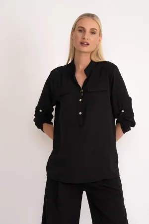 3/4 Length Sleeve Collarless Shirt in Black