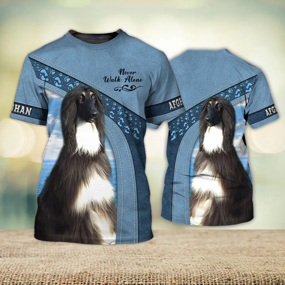 3D Dog T Shirts, Afghan Hound Love Never Walk Alone Blue All Over Print T-Shirt, Gift For Pet Loves