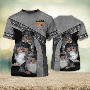 3D Dog T Shirts, Australian Shepherd Grey Love Never Walk Alone All Over Print T-Shirt, Gift For Pet Loves