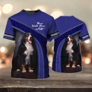 3D Dog T Shirts, Bernese Mountain Love Blue Never Walk Alone All Over Print T-Shirt, Gift For Pet Loves