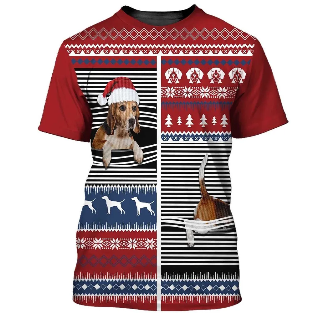 3D Dog T Shirts, Lovely Beagle Christmas All Over Print T-Shirt, Gift For Pet Loves