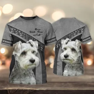 3D Dog T Shirts, Miniature Schnauzer Grey Love Never Walk Alone All Over Print T-Shirt, Gift For Pet Loves