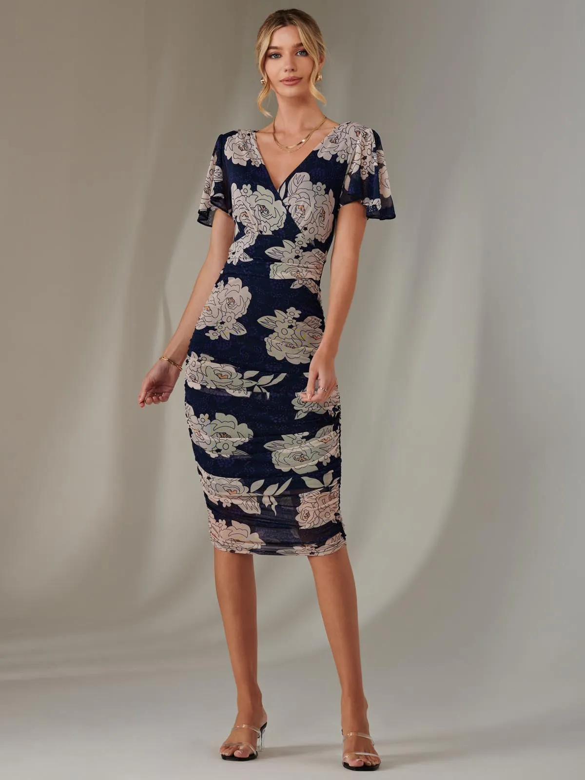 Angel Sleeve Ruched Bodycon Dress, Navy Floral