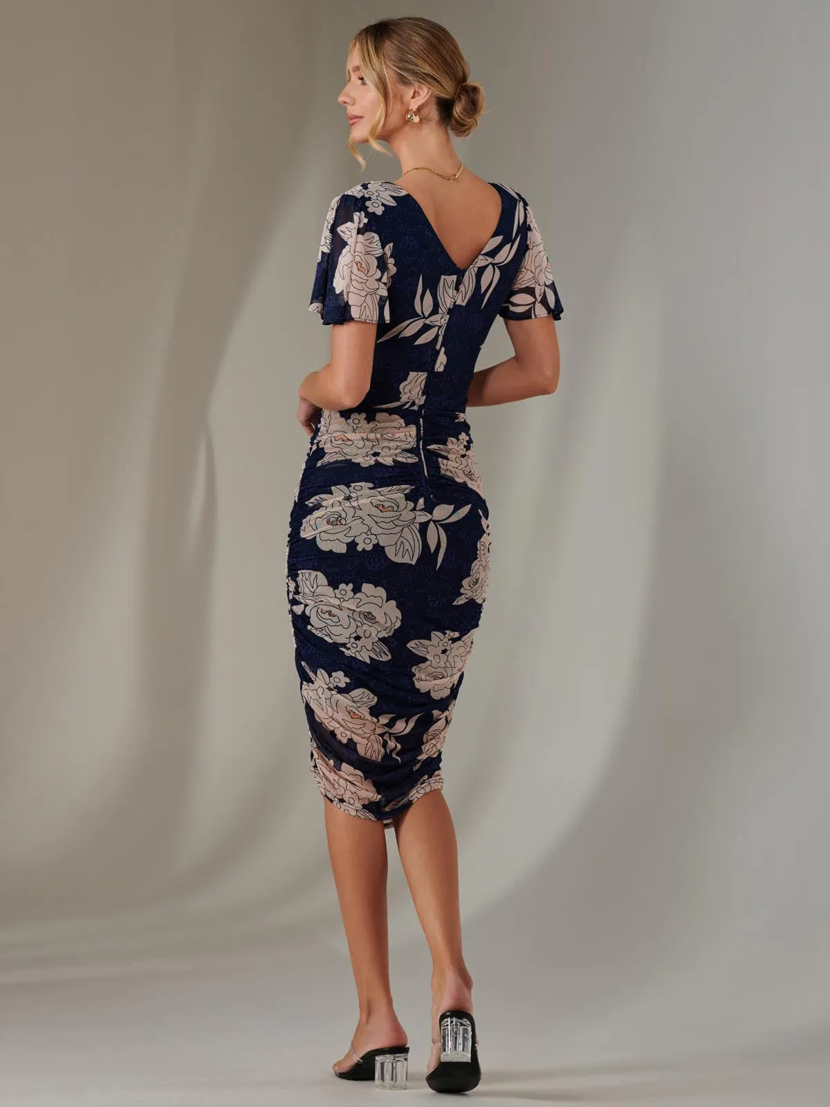 Angel Sleeve Ruched Bodycon Dress, Navy Floral