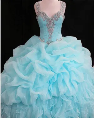 Beaded Sweetheart Organza Layered Ball Gowns Quinceanera Dresses With Straps