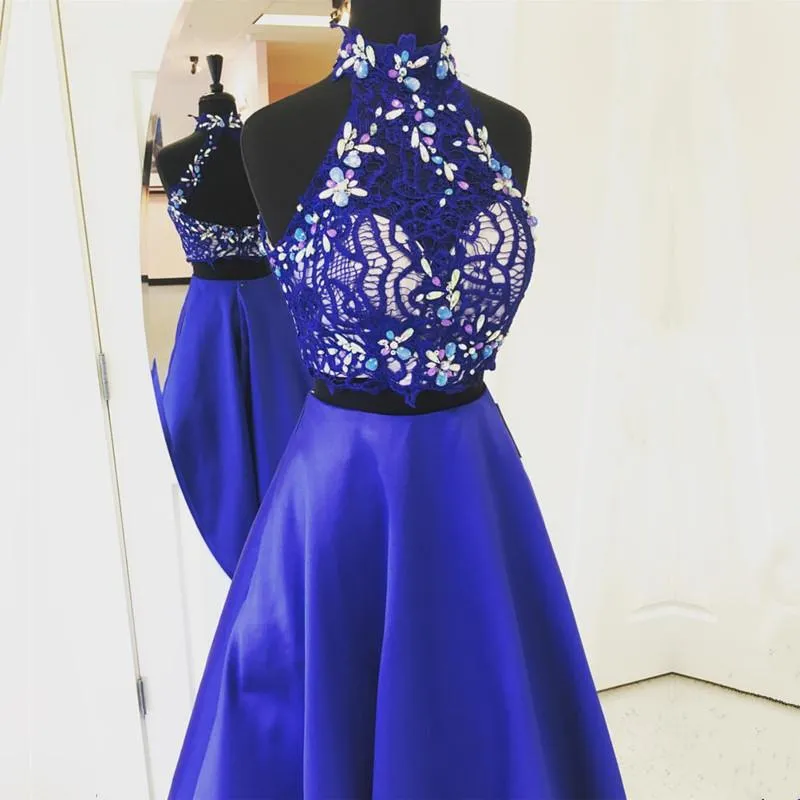 Beading Long Royal Blue Satin Prom Dresses Two Piece With Lace Crop