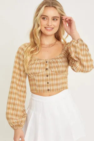 Belloago Women's Plaid Button Front Long Sleeve Crop Top