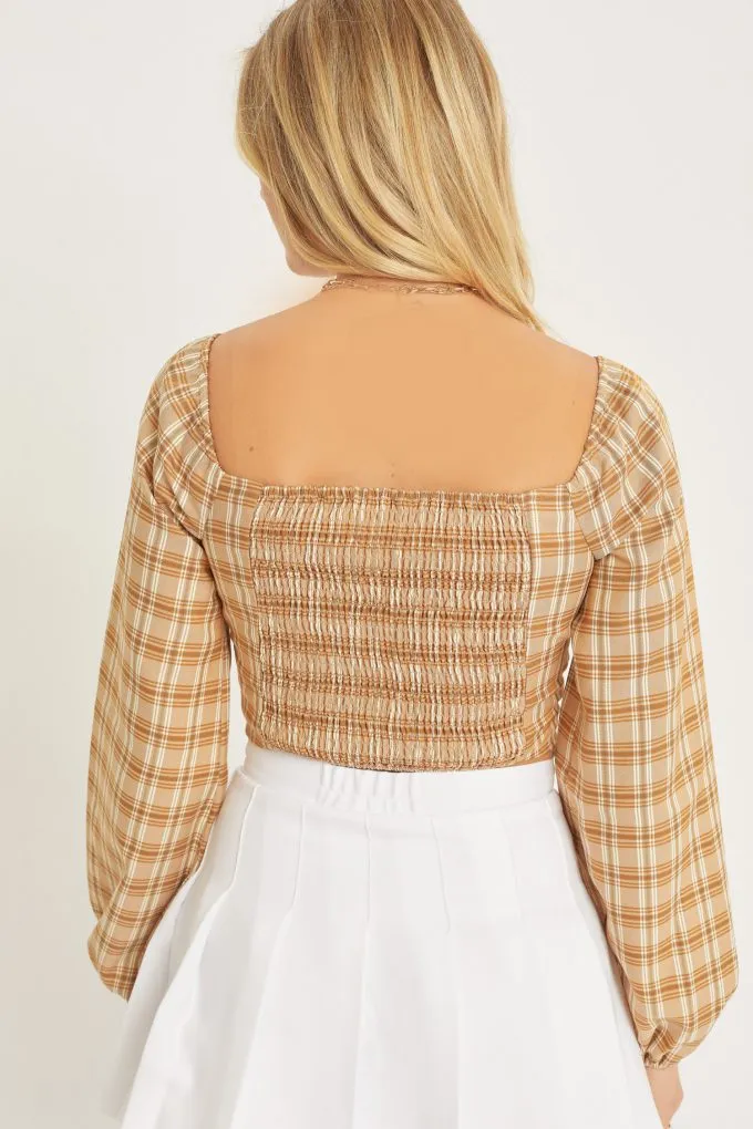 Belloago Women's Plaid Button Front Long Sleeve Crop Top