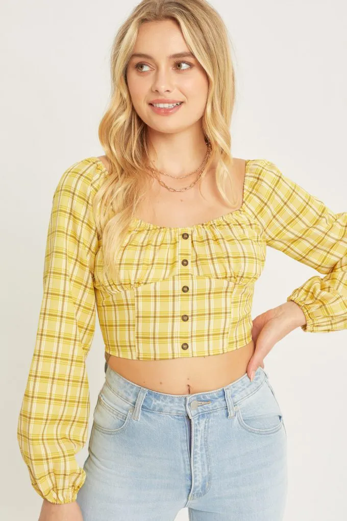 Belloago Women's Plaid Button Front Long Sleeve Crop Top