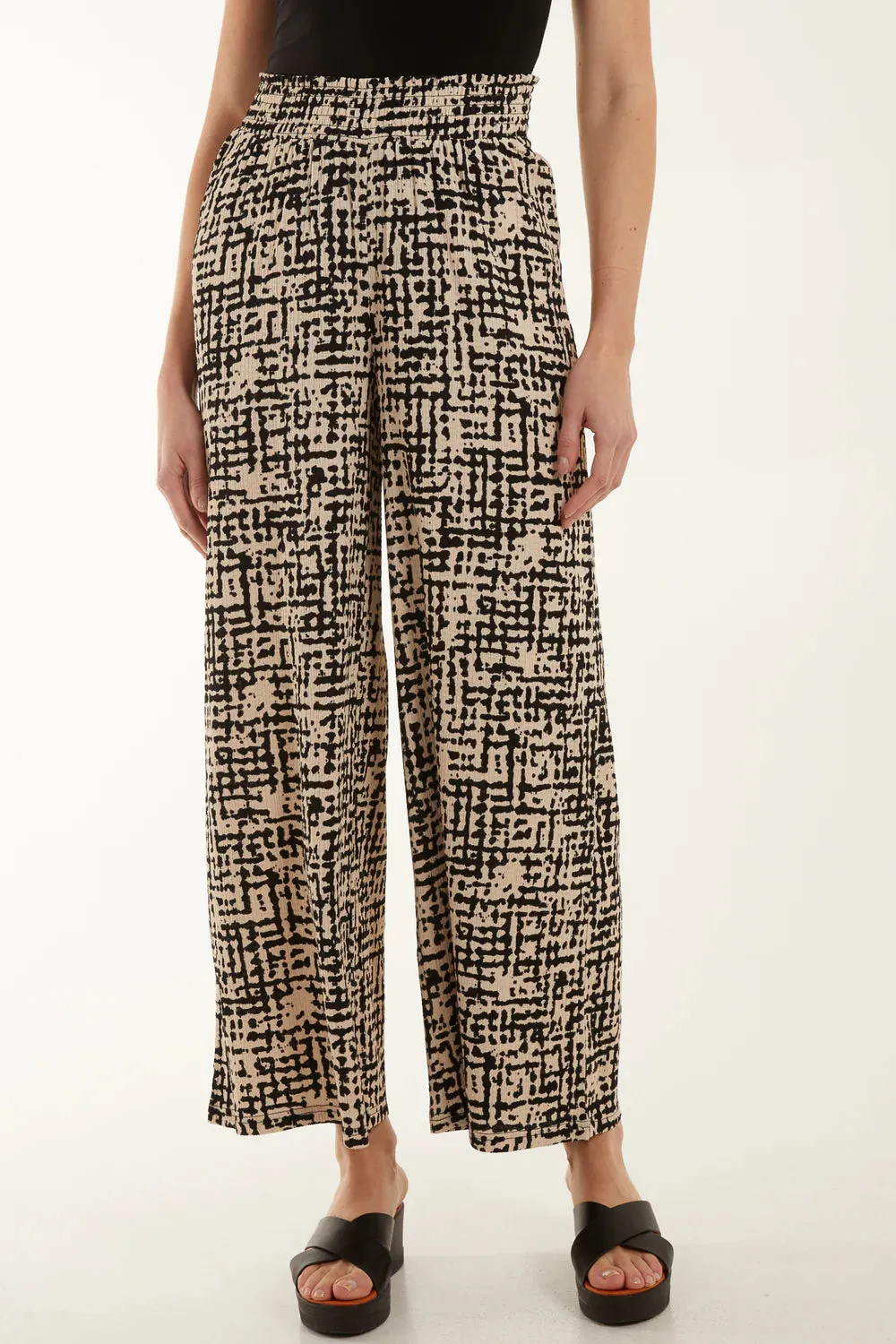 Black And Beige Printed Stretchy Shirred Waist Wide Leg Trousers