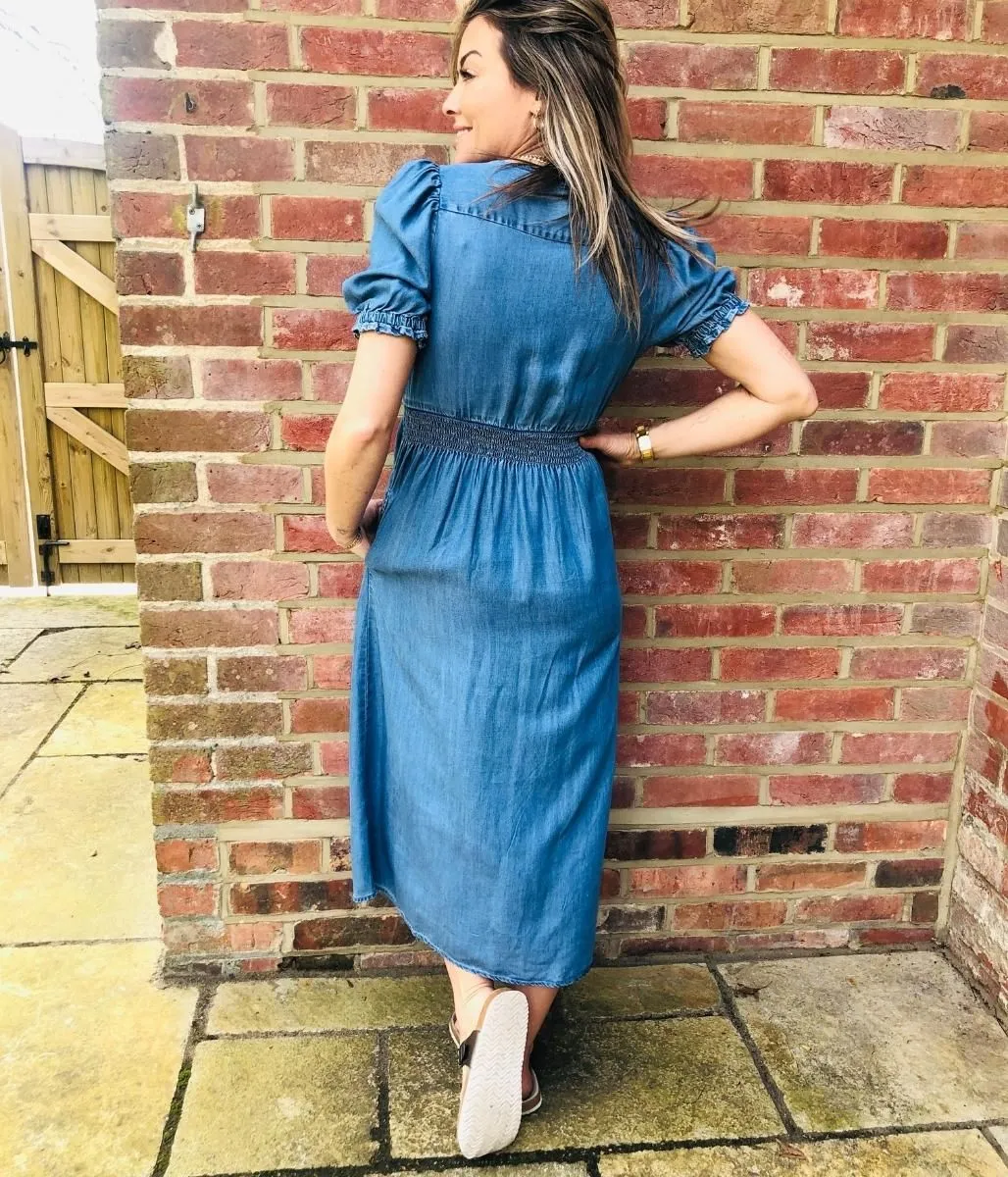 Blue Tencel Button Through Midi Dress