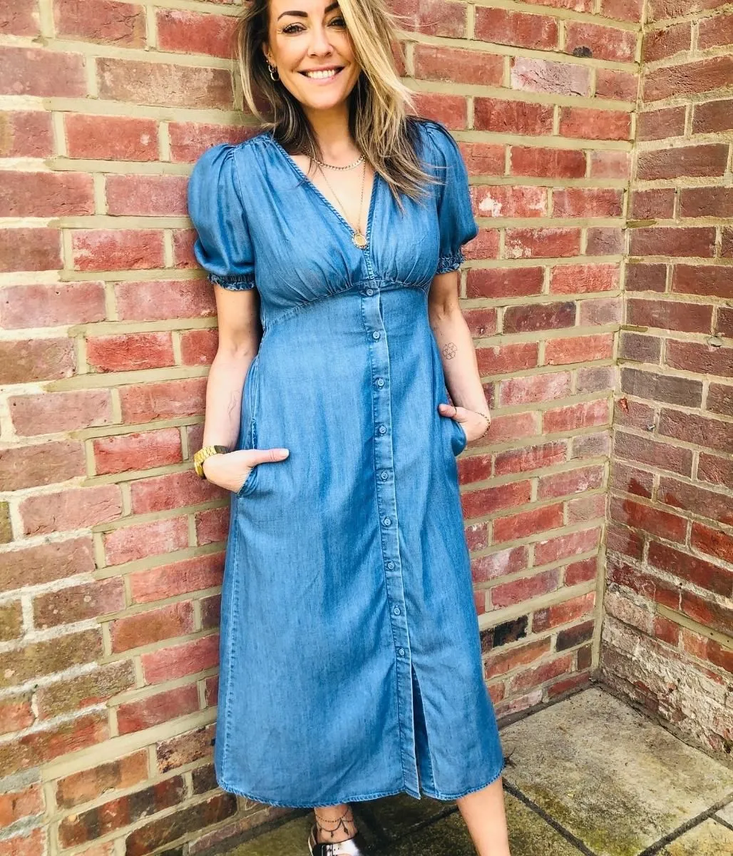 Blue Tencel Button Through Midi Dress