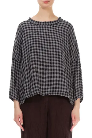 Boxy Grey Check Linen Blouse