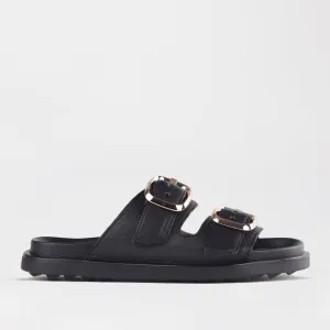 Double Buckle Birk Mules in Black - 12681