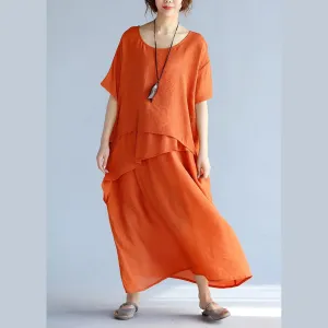 Dunnmall New orange long linen dresses plus size clothing layered cotton dresses New short sleeve linen cotton dress