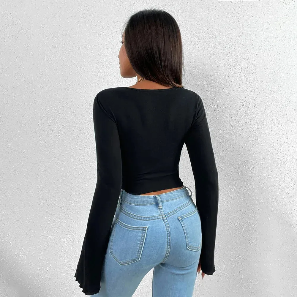 Flared Sleeves Tucked Waist Irregular Knitted V-neck Women's Long Sleeve Polyester Y2k Top T-shirt for Holiday