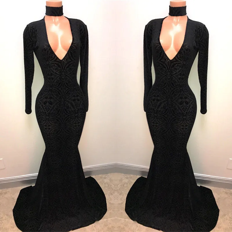 kamahe Black Lace V-Neck Prom Party Gowns| Mermaid Long-Sleeve Evening Gowns