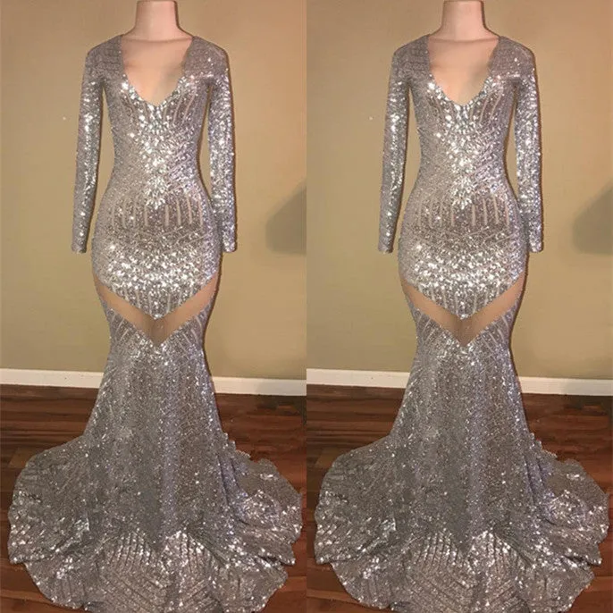 kamahe Long Sleeves Sequins Prom Party Gowns| Mermaid V-Neck Evening Gowns