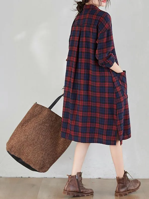 Original Plaid Lapel Shirt Dress