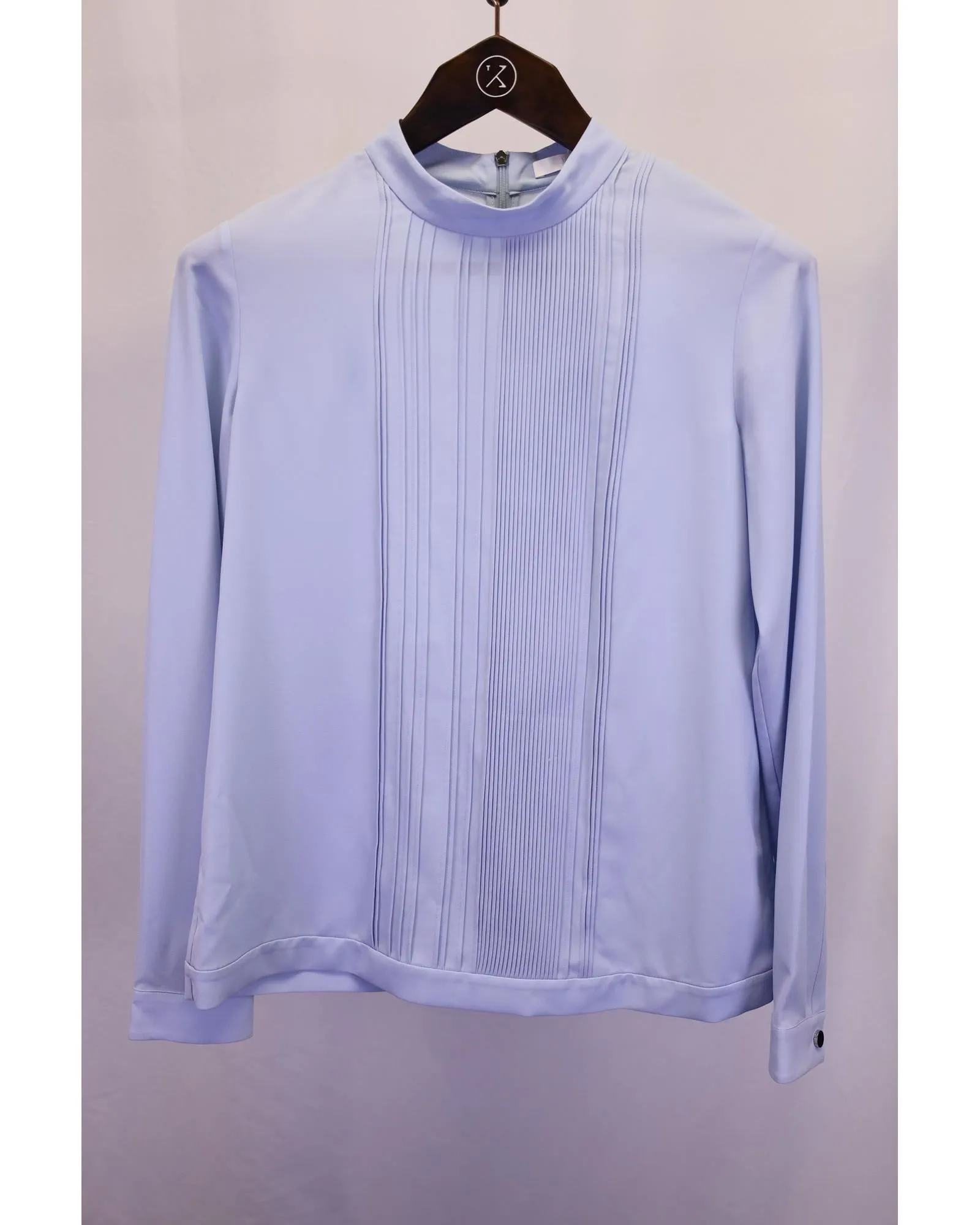 Pleated Mock-Neck Top in Blue Polyester