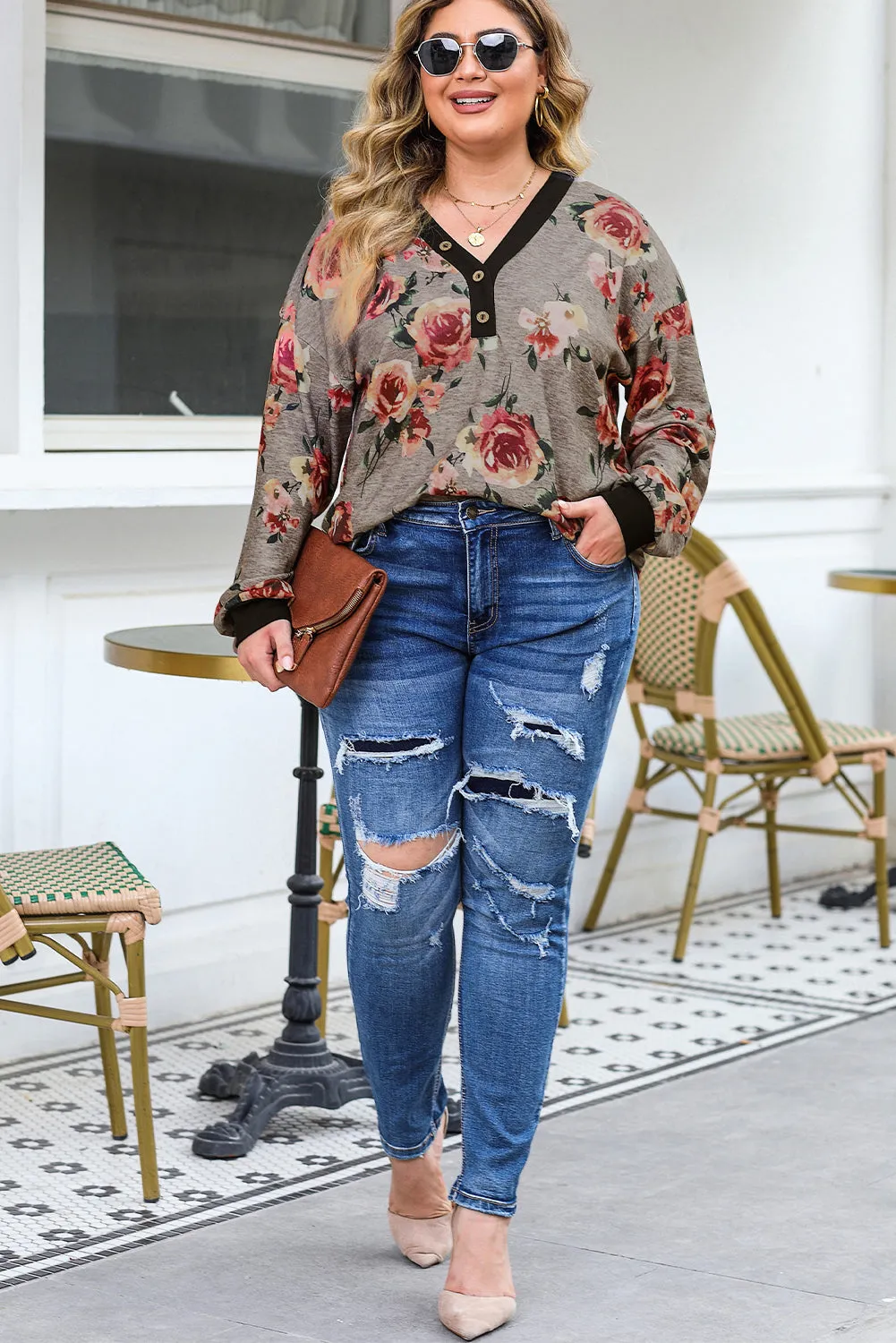 Plus Size Floral V-Neck Blouse: Wholesale On-Demand