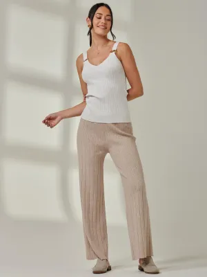 Ribbed Knit Wide Leg Trousers, Mink Heather