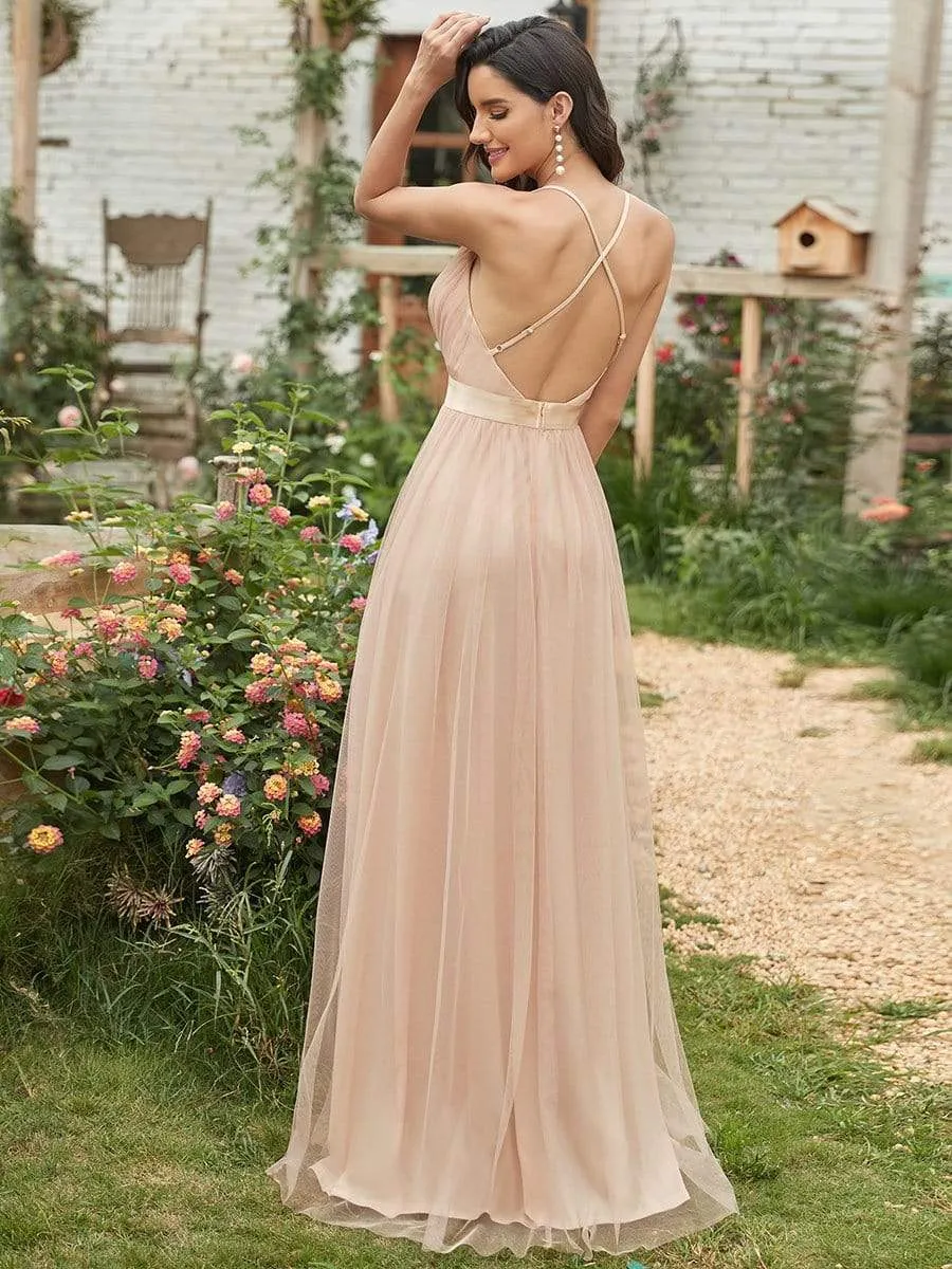 Sexy V-neck Open Back Pleated Maxi Tulle Evening Dresses