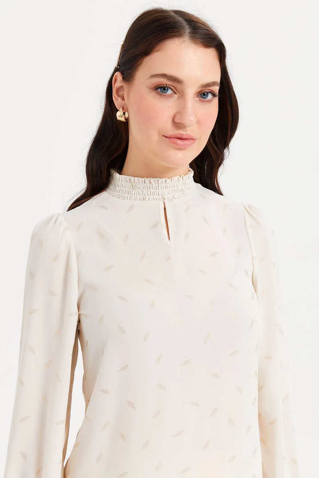 Women Ivory Foil Print High Neck Blouse